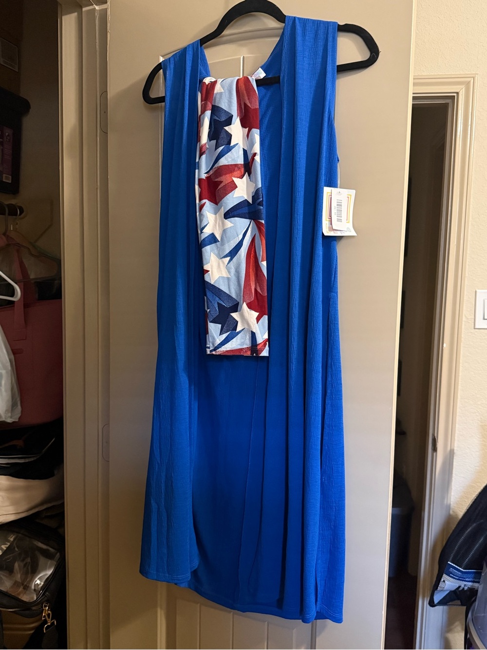 LuLaRoe Joy Duster Vest XS + Leggings OS Americana Stars Set NWT
